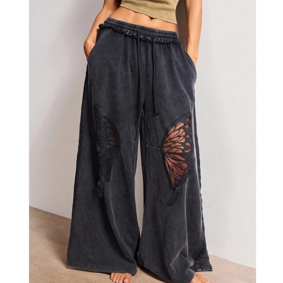 Mineral Wash Stretchy Waist Butterfly Cut out Wide leg Pants - Picture 5 of 7